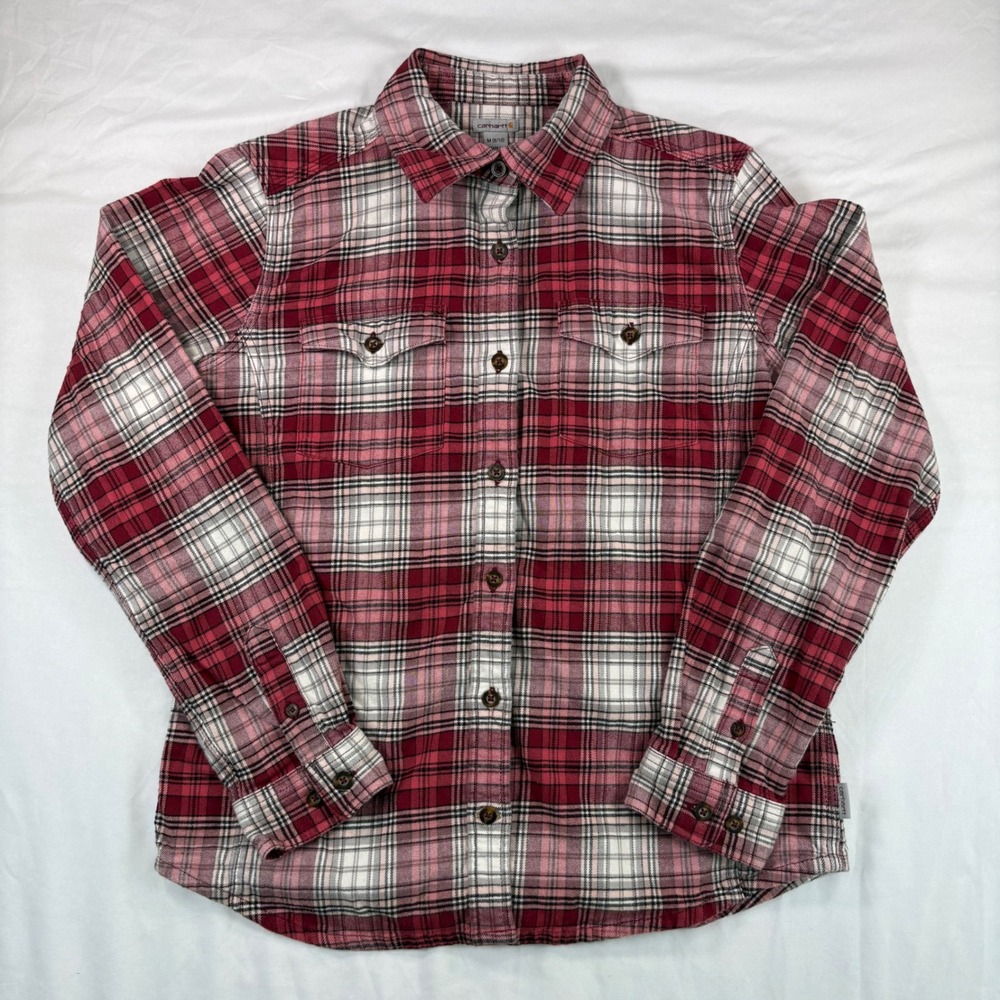 Carhartt Flannel Shirt Womens M 8/10 Red White Plaid Cotton Button Down Workwear